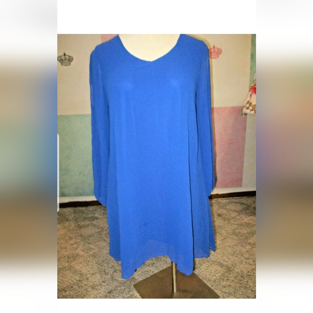 DEFANIA Royal Blue Slit Split Long Sleeve V Neck Fit & Flare Flowy Long Top XL